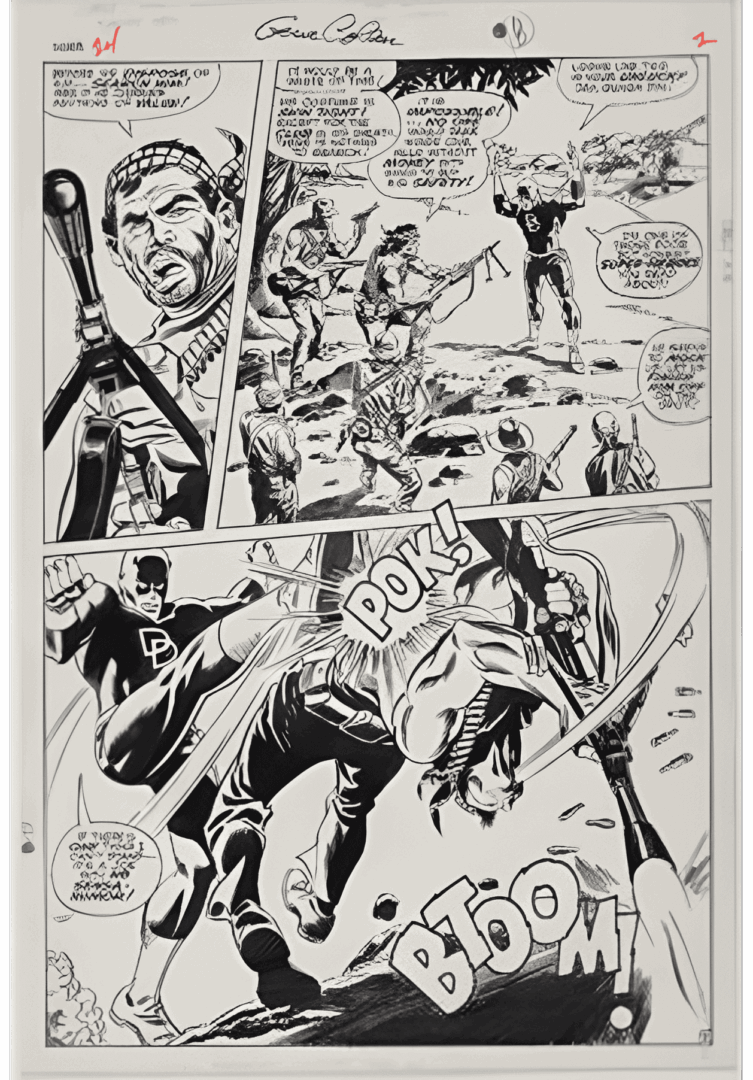 Black and white comic page: soldiers engage with armed men in the desert. A man in a superhero outfit kicks a cowboy, with sound effects "POK!" and "BTOOM!" above them.