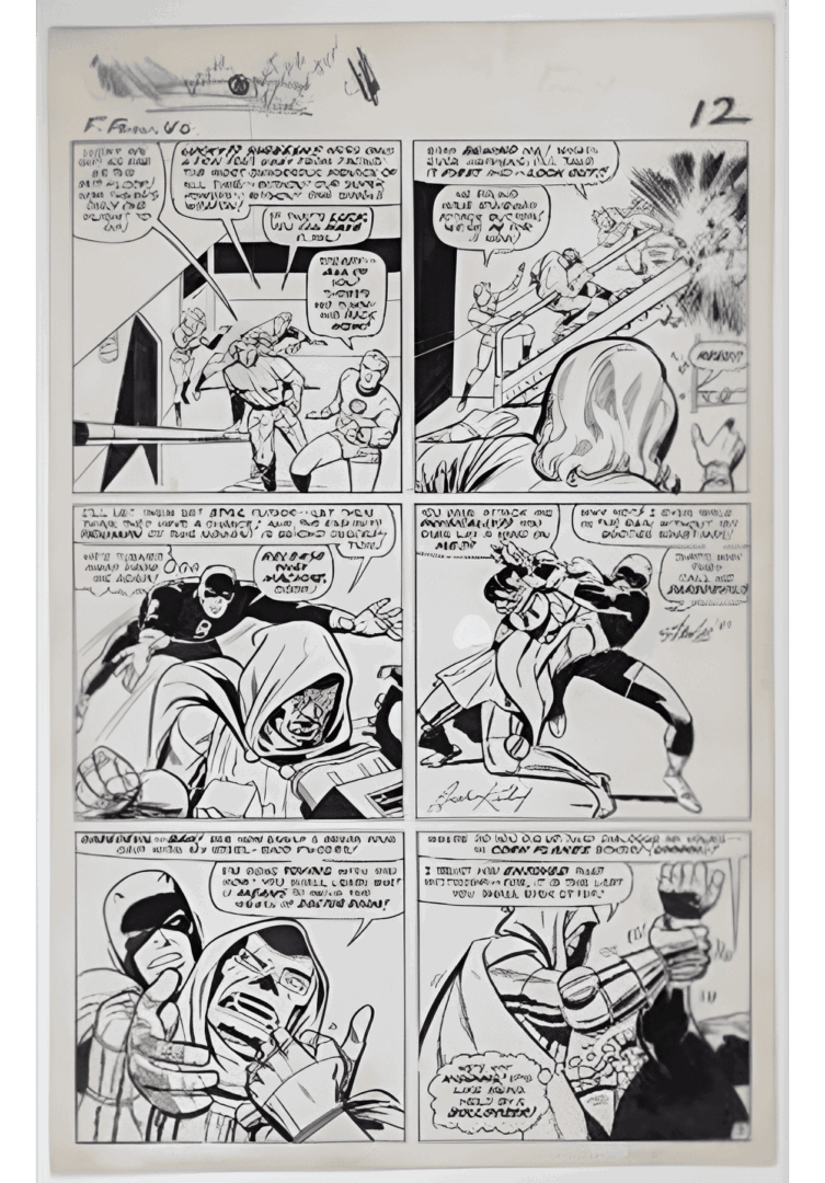 Comic page featuring superheroes in dynamic action sequences with dialogue in speech bubbles. Monochrome illustration style.