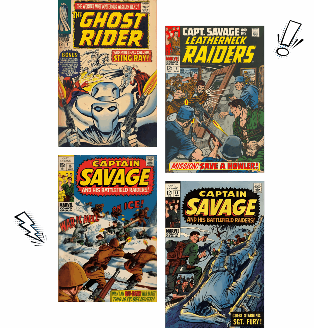 Four comic book covers featuring "The Ghost Rider" and "Captain Savage and His Battlefield Raiders," with illustrated characters and action scenes. Decorative elements include exclamation and lightning icons.