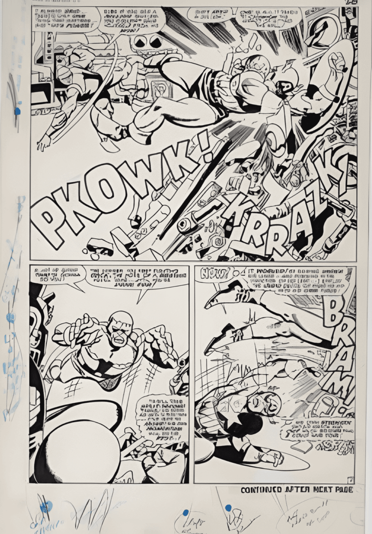 Comic book page featuring superheroes in dynamic action scenes, with sound effects like "PKOWK!" and "ARRAK!" visible.