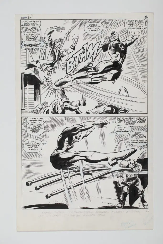 A superhero uses a powerful kick to knock down an enemy in a dramatic comic panel.