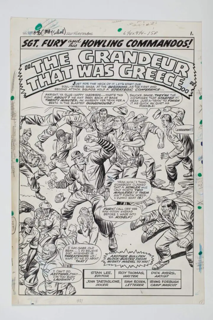 Black and white comic page titled 'The Grandeur That Was Greece' depicting a chaotic ancient battle scene.