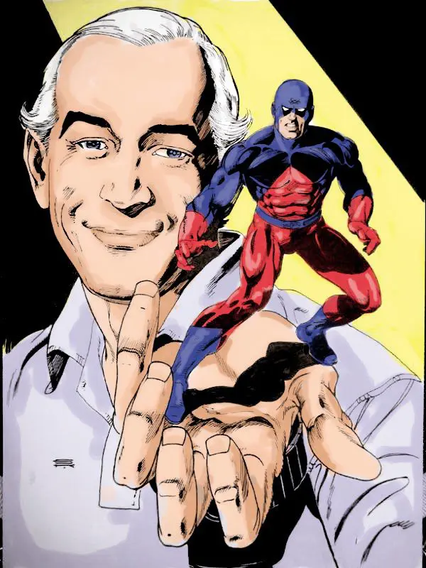 A man holding a tiny superhero figure in his hand.