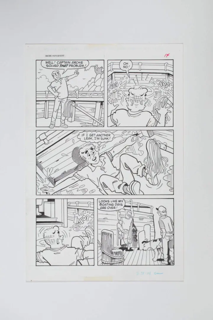 Comic page showing characters in various emotional and action scenes inside a building.