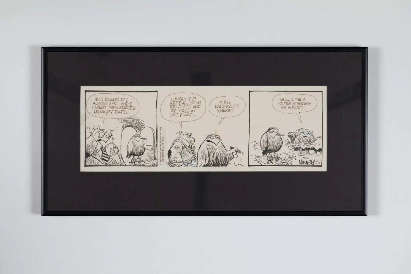 Black-and-white comic strip featuring three panels with humorous dialogue between two characters.