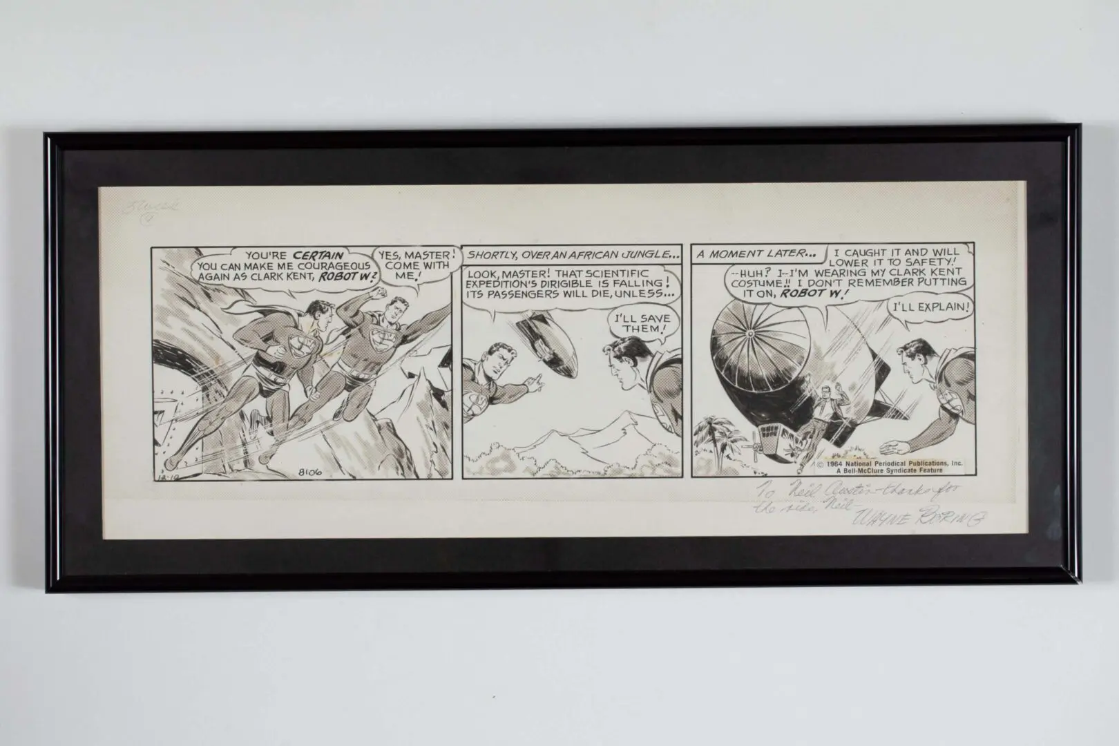 Framed black-and-white comic strip featuring a dramatic scene of figures and a large bird.