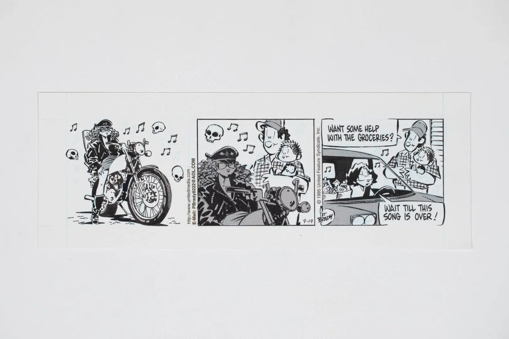 Comic strip showing a biker, a couple, and a humorous bar scene.