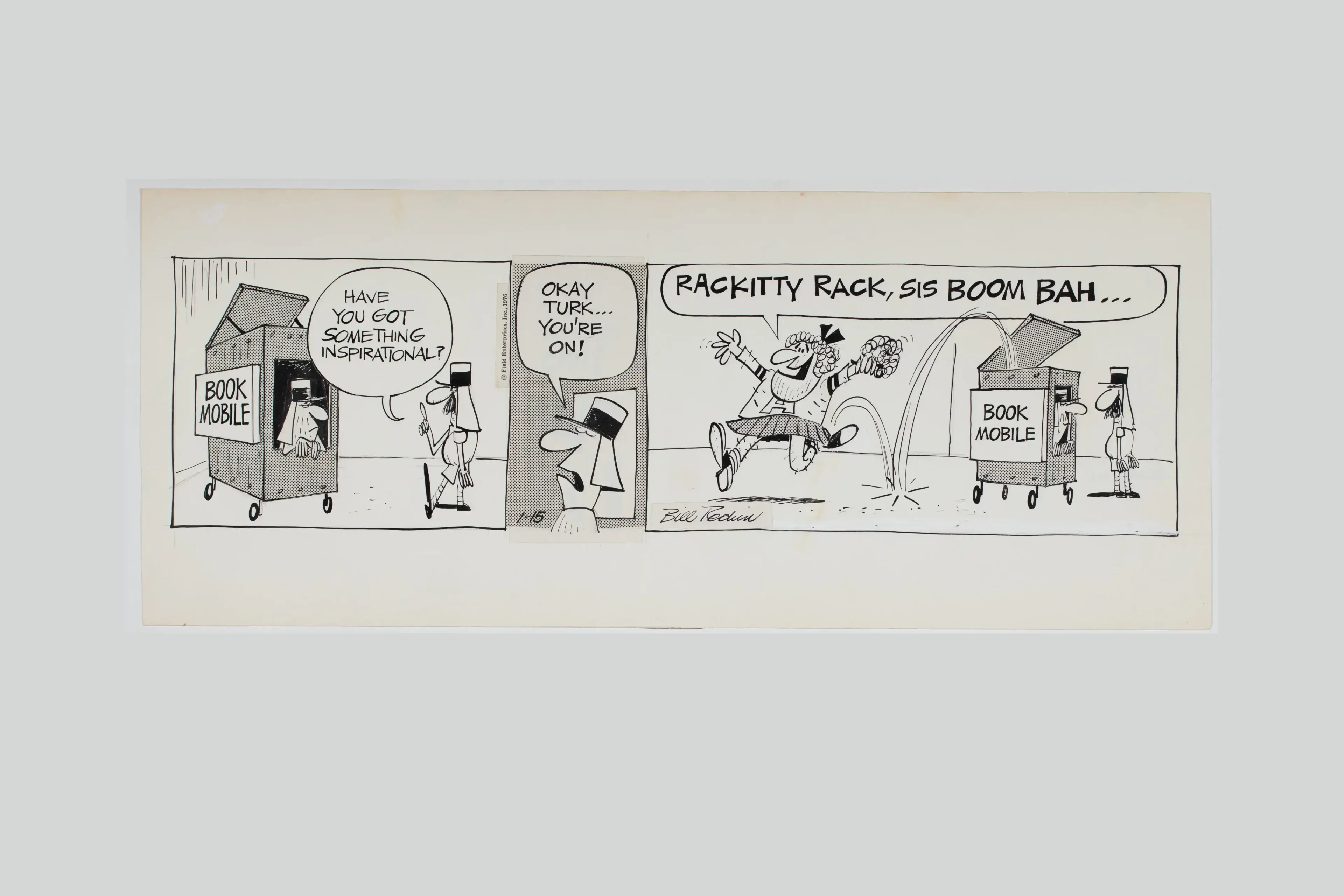 Two-panel black-and-white comic strip featuring a dog and a boy with a sign about rabbit rakes.