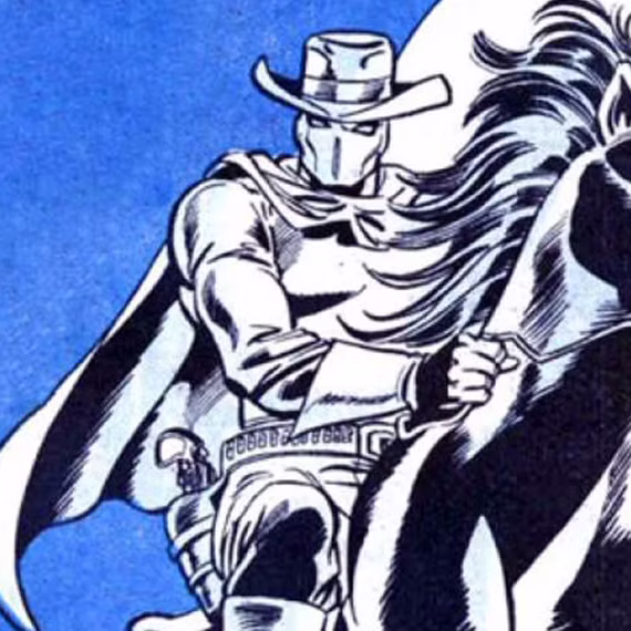 Illustration of a masked cowboy riding a horse against a blue background.